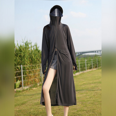 Îmbrăcăminte de protecție solară pentru femei UPF50+ Jachetă UV, buzunar, stil largi, haină lungă de piele, cu lentile de pălărie, călătorii de vară, în aer liber, sălbăticie