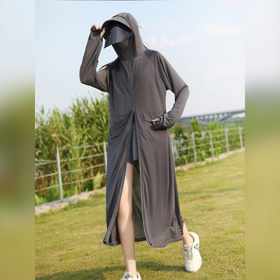 Îmbrăcăminte de protecție solară pentru femei UPF50+ Jachetă UV, buzunar, stil largi, haină lungă de piele, cu lentile de pălărie, călătorii de vară, în aer liber, sălbăticie