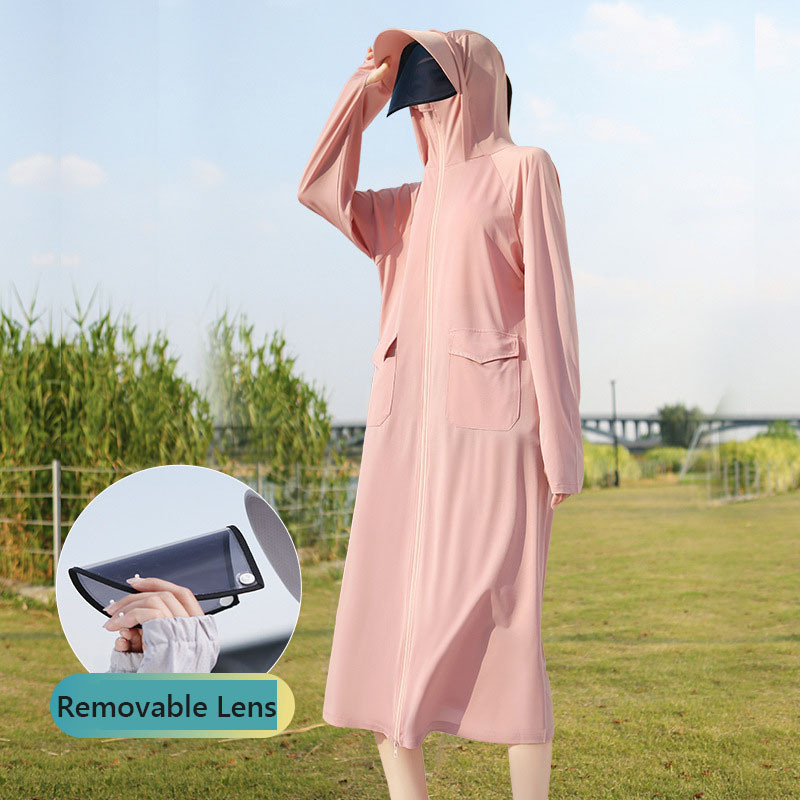 Îmbrăcăminte de protecție solară pentru femei UPF50+ Jachetă UV, buzunar, stil largi, haină lungă de piele, cu lentile de pălărie, călătorii de vară, în aer liber, sălbăticie