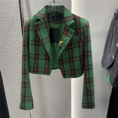 Jachetă nouă din lână în carouri pentru femei Blazer din tweed cu talie înaltă, primăvară, toamnă, jachetă decupată, costum mic, îmbrăcăminte exterioară, pentru dama de birou, topuri coreene
