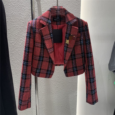 Jachetă nouă din lână în carouri pentru femei Blazer din tweed cu talie înaltă, primăvară, toamnă, jachetă decupată, costum mic, îmbrăcăminte exterioară, pentru dama de birou, topuri coreene