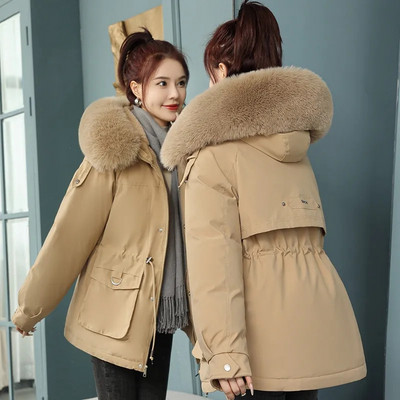 Parka de iarnă 2023 pentru femei, jachetă de pluș din bumbac, haină groasă, cu glugă, supradimensionată, midi, guler lung de lână, paltoane calde căptușite.