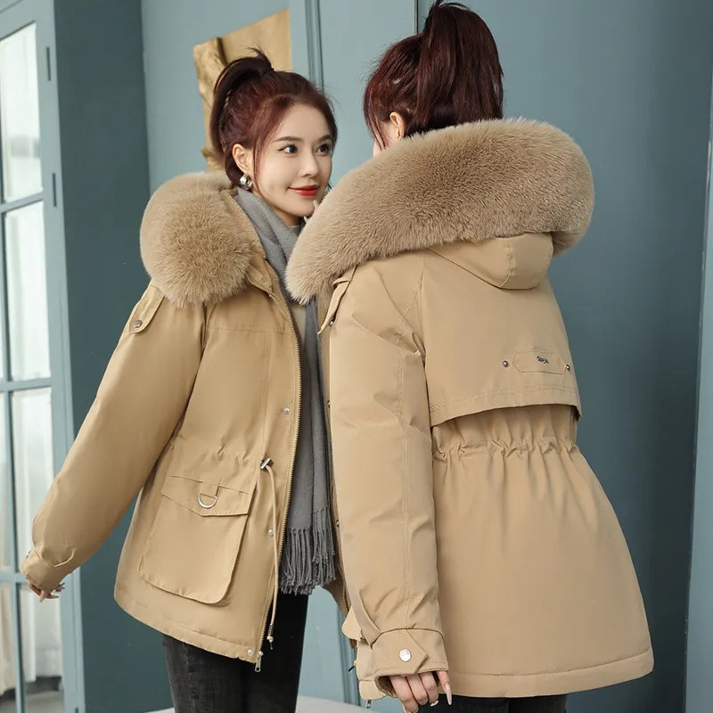 Parka de iarnă 2023 pentru femei, jachetă de pluș din bumbac, haină groasă, cu glugă, supradimensionată, midi, guler lung de lână, paltoane calde căptușite.