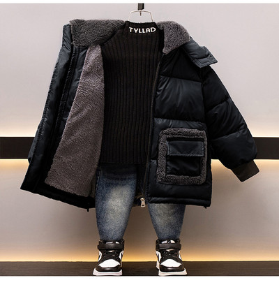 2023 Adolescenți băieți Jachetă impermeabilă din piele de miel, îmbrăcăminte cu glugă, pentru 4-12 ani, căptușeală îngroșată, parka, îmbrăcăminte exterioară caldă