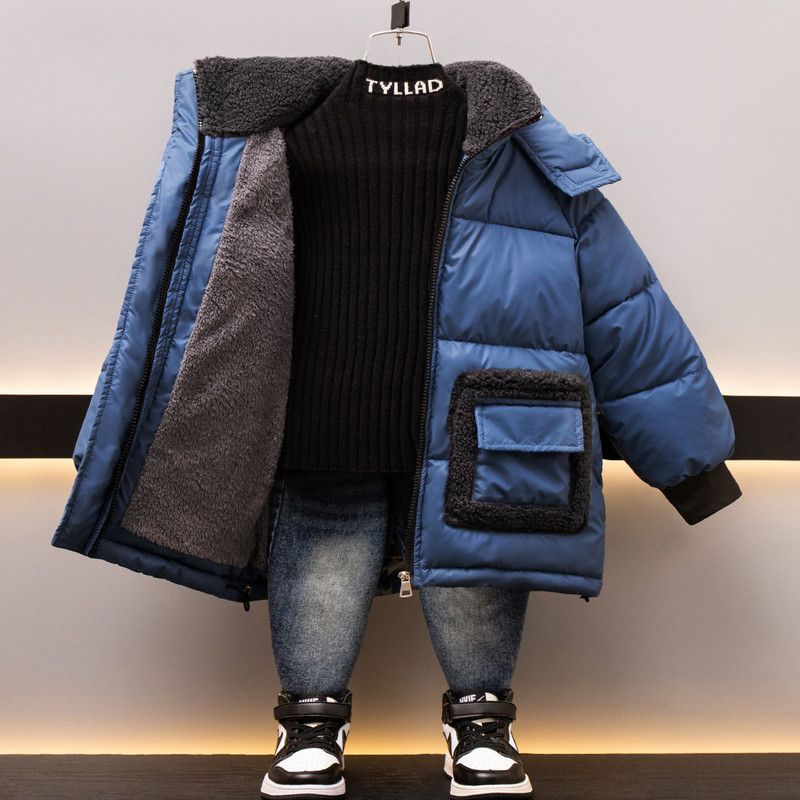 2023 Adolescenți băieți Jachetă impermeabilă din piele de miel, îmbrăcăminte cu glugă, pentru 4-12 ani, căptușeală îngroșată, parka, îmbrăcăminte exterioară caldă