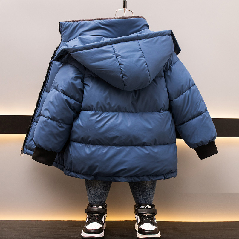 2023 Adolescenți băieți Jachetă impermeabilă din piele de miel, îmbrăcăminte cu glugă, pentru 4-12 ani, căptușeală îngroșată, parka, îmbrăcăminte exterioară caldă