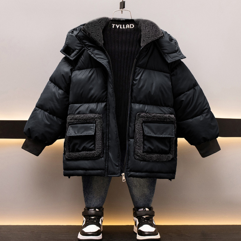 2023 Adolescenți băieți Jachetă impermeabilă din piele de miel, îmbrăcăminte cu glugă, pentru 4-12 ani, căptușeală îngroșată, parka, îmbrăcăminte exterioară caldă