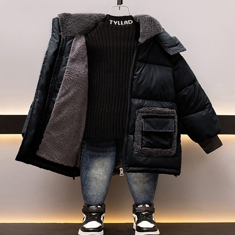 2023 Adolescenți băieți Jachetă impermeabilă din piele de miel, îmbrăcăminte cu glugă, pentru 4-12 ani, căptușeală îngroșată, parka, îmbrăcăminte exterioară caldă