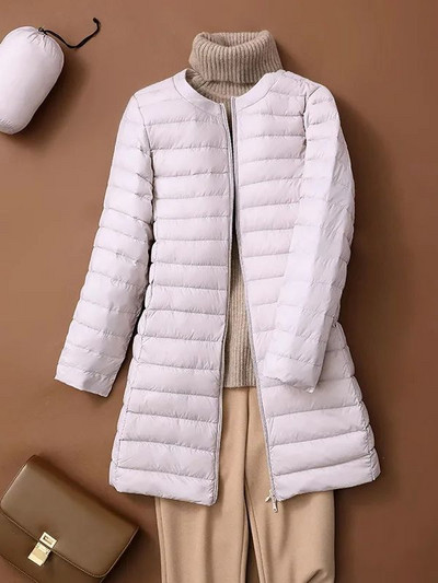 Jachete umflate din puf de rață pentru femei 2023, toamnă iarnă, ultra ușoară, portabilă, cu gâtul în formă de O, haină lungă în stil coreean, fără guler.