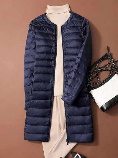 Jachete umflate din puf de rață pentru femei 2023, toamnă iarnă, ultra ușoară, portabilă, cu gâtul în formă de O, haină lungă în stil coreean, fără guler.