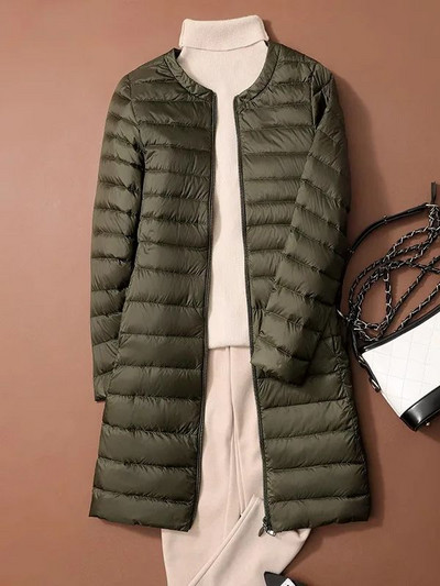 Jachete umflate din puf de rață pentru femei 2023, toamnă iarnă, ultra ușoară, portabilă, cu gâtul în formă de O, haină lungă în stil coreean, fără guler.