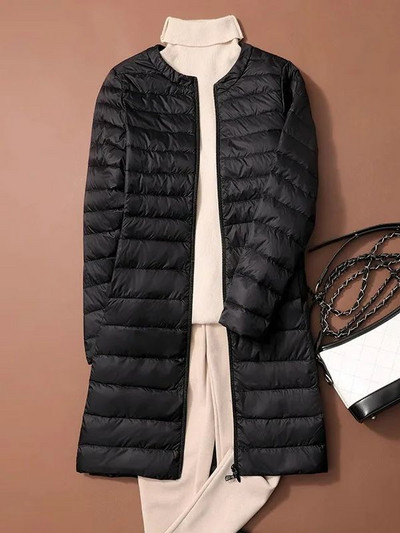 Jachete umflate din puf de rață pentru femei 2023, toamnă iarnă, ultra ușoară, portabilă, cu gâtul în formă de O, haină lungă în stil coreean, fără guler.