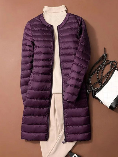 Jachete umflate din puf de rață pentru femei 2023, toamnă iarnă, ultra ușoară, portabilă, cu gâtul în formă de O, haină lungă în stil coreean, fără guler.