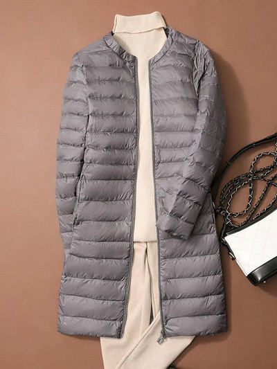 Jachete umflate din puf de rață pentru femei 2023, toamnă iarnă, ultra ușoară, portabilă, cu gâtul în formă de O, haină lungă în stil coreean, fără guler.