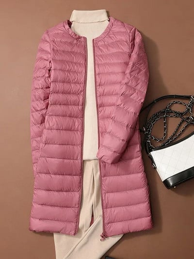 Jachete umflate din puf de rață pentru femei 2023, toamnă iarnă, ultra ușoară, portabilă, cu gâtul în formă de O, haină lungă în stil coreean, fără guler.