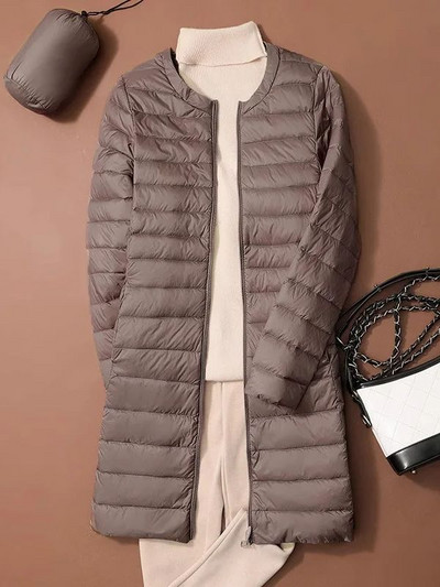 Jachete umflate din puf de rață pentru femei 2023, toamnă iarnă, ultra ușoară, portabilă, cu gâtul în formă de O, haină lungă în stil coreean, fără guler.