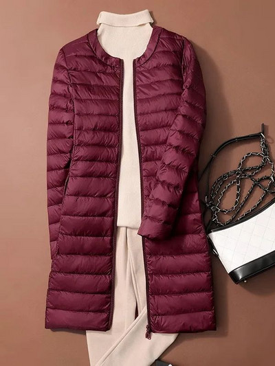 Jachete umflate din puf de rață pentru femei 2023, toamnă iarnă, ultra ușoară, portabilă, cu gâtul în formă de O, haină lungă în stil coreean, fără guler.