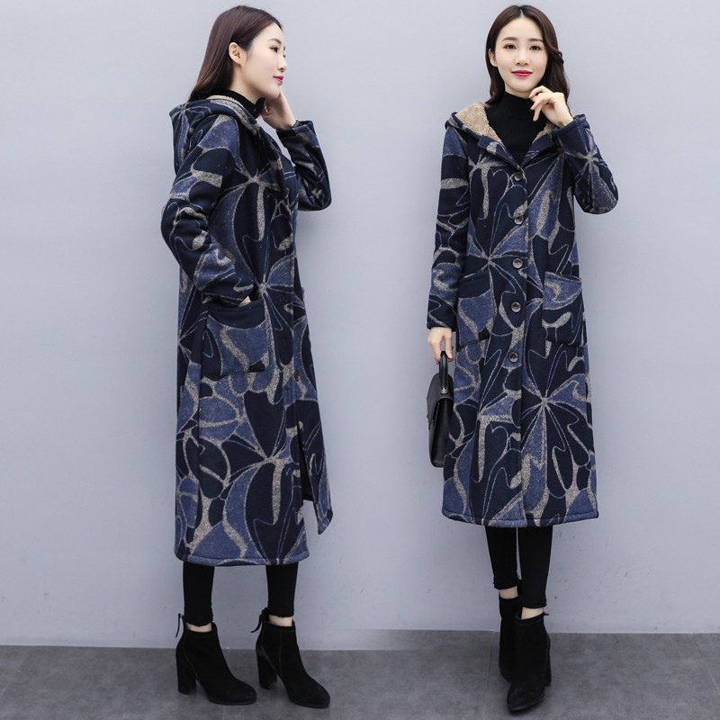 Stil etnic literar retro, haină lungă de lână, pentru femei, cu imprimeu abstract, parkas căptușite din catifea, jachetă din bumbac, groasă, caldă, cu glugă