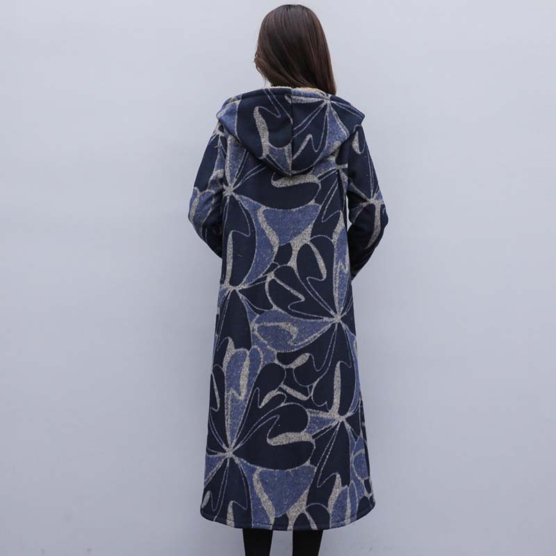 Stil etnic literar retro, haină lungă de lână, pentru femei, cu imprimeu abstract, parkas căptușite din catifea, jachetă din bumbac, groasă, caldă, cu glugă