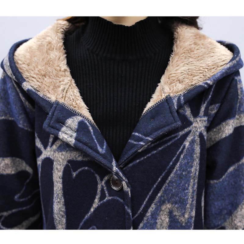 Stil etnic literar retro, haină lungă de lână, pentru femei, cu imprimeu abstract, parkas căptușite din catifea, jachetă din bumbac, groasă, caldă, cu glugă