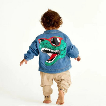 Бебешки момчета Дънкови якета с принт на анимационни динозаври Пролет Лято Прохождащи момчета Сини памучни дънки Палта