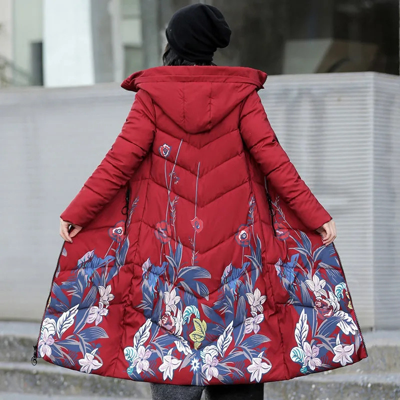 2023. gada korejiešu jaka sievietēm X garuma ziemas ziemas parki, cieti ar kapuci, biezi, silti, sieviešu sniega apģērba mētelis, polsterētas brīvas drēbes