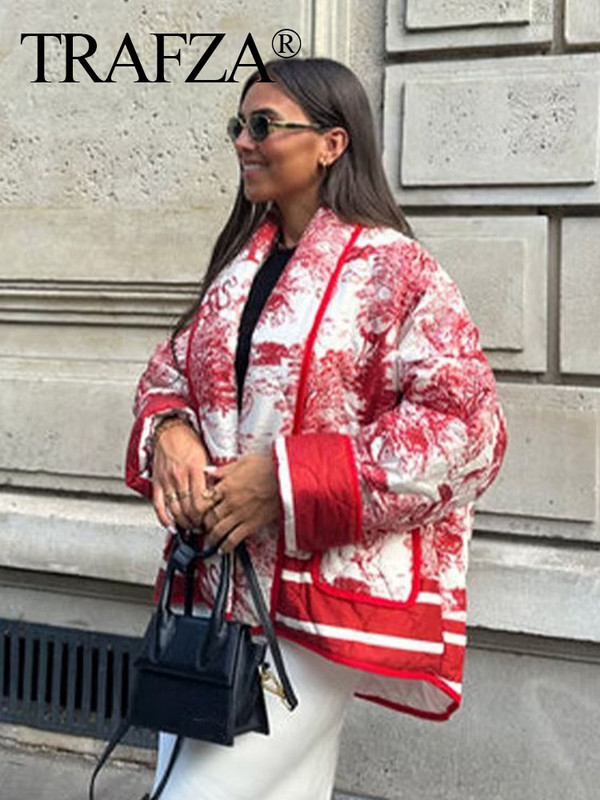 TRAFZA 2023 sieviešu modes polsterēts mētelis, silts jaciņš, ielu apģērbs, ziemas sieviešu apdruka, stepēta jaka