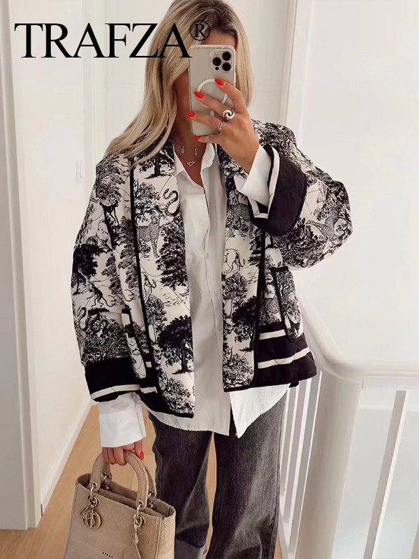 TRAFZA 2023 sieviešu modes polsterēts mētelis, silts jaciņš, ielu apģērbs, ziemas sieviešu apdruka, stepēta jaka