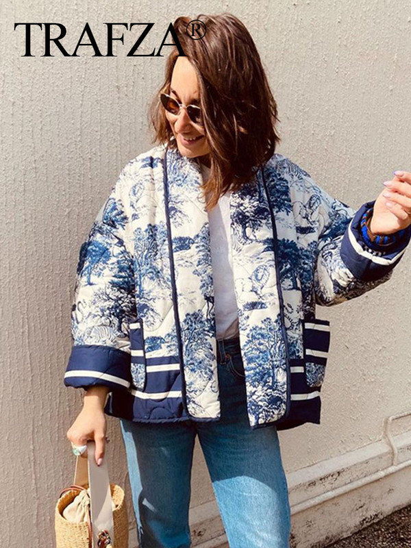 TRAFZA 2023 sieviešu modes polsterēts mētelis, silts jaciņš, ielu apģērbs, ziemas sieviešu apdruka, stepēta jaka