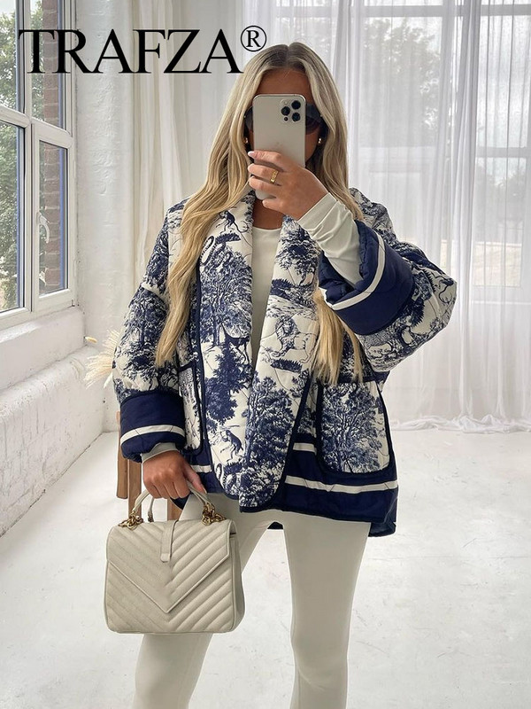 TRAFZA 2023 sieviešu modes polsterēts mētelis, silts jaciņš, ielu apģērbs, ziemas sieviešu apdruka, stepēta jaka