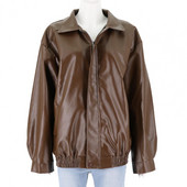 Sieviešu mākslīgās ādas jaka ar garām piedurknēm atloks vaļīgs rāvējslēdzēja kabata vienkrāsains retro sieviešu ikdienas ārjaka