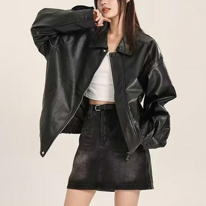 Sieviešu mākslīgās ādas jaka ar garām piedurknēm atloks vaļīgs rāvējslēdzēja kabata vienkrāsains retro sieviešu ikdienas ārjaka