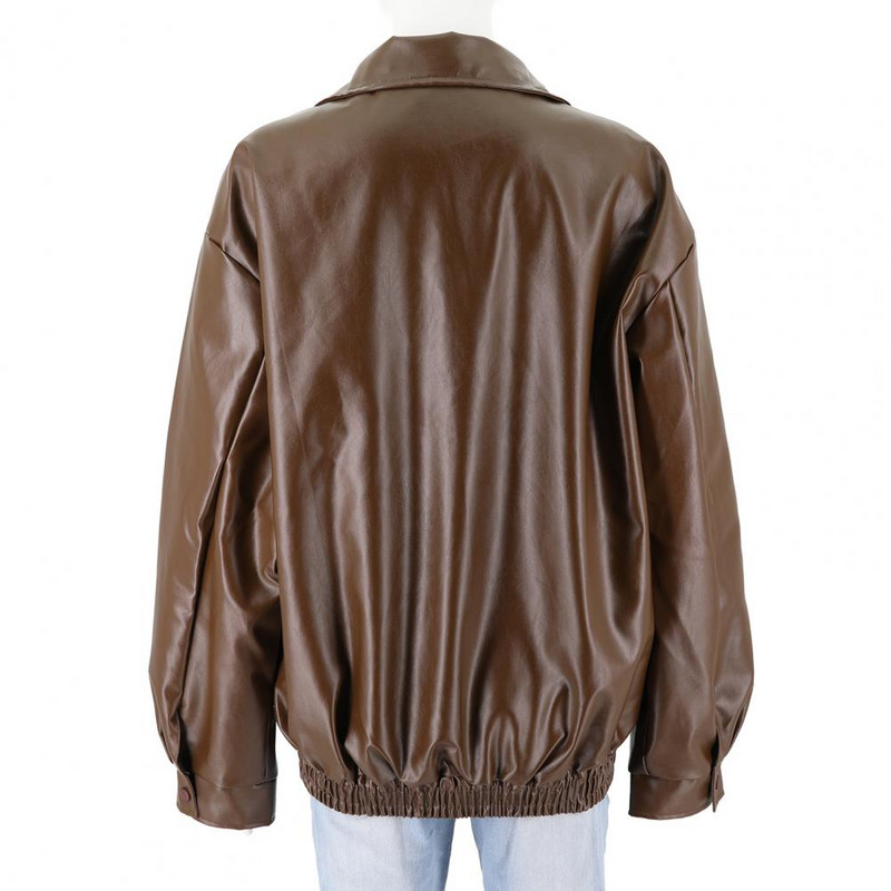 Sieviešu mākslīgās ādas jaka ar garām piedurknēm atloks vaļīgs rāvējslēdzēja kabata vienkrāsains retro sieviešu ikdienas ārjaka