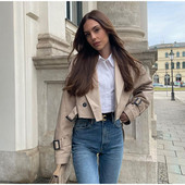 Sieviešu apgriezta tranšeja haki krāsas atloka apkakles jakas Sieviešu mētelis ar garām piedurknēm ar jostu, ar vienu pogu, īsa jaka, pavasara ielas apģērbs