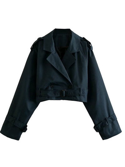 Sieviešu apgriezta tranšeja haki krāsas atloka apkakles jakas Sieviešu mētelis ar garām piedurknēm ar jostu, ar vienu pogu, īsa jaka, pavasara ielas apģērbs