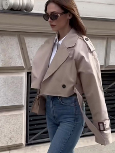 Sieviešu apgriezta tranšeja haki krāsas atloka apkakles jakas Sieviešu mētelis ar garām piedurknēm ar jostu, ar vienu pogu, īsa jaka, pavasara ielas apģērbs