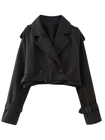 Sieviešu apgriezta tranšeja haki krāsas atloka apkakles jakas Sieviešu mētelis ar garām piedurknēm ar jostu, ar vienu pogu, īsa jaka, pavasara ielas apģērbs