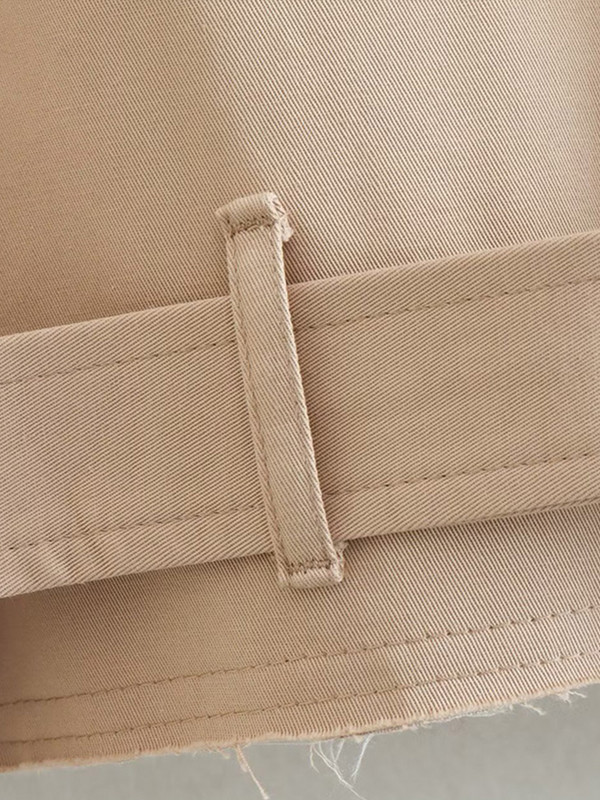 Sieviešu apgriezta tranšeja haki krāsas atloka apkakles jakas Sieviešu mētelis ar garām piedurknēm ar jostu, ar vienu pogu, īsa jaka, pavasara ielas apģērbs