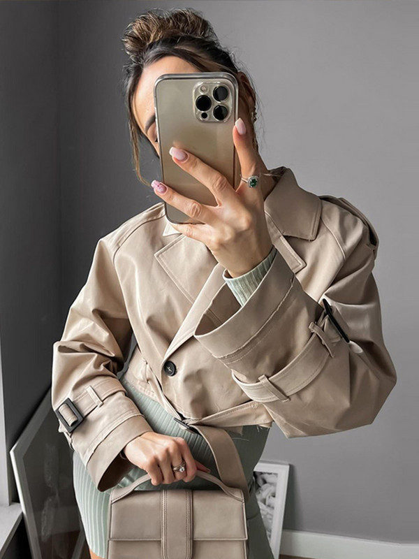 Sieviešu apgriezta tranšeja haki krāsas atloka apkakles jakas Sieviešu mētelis ar garām piedurknēm ar jostu, ar vienu pogu, īsa jaka, pavasara ielas apģērbs