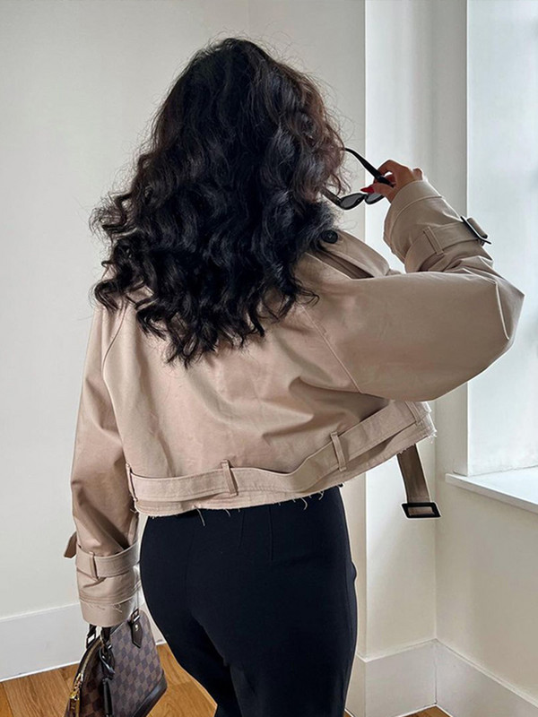 Sieviešu apgriezta tranšeja haki krāsas atloka apkakles jakas Sieviešu mētelis ar garām piedurknēm ar jostu, ar vienu pogu, īsa jaka, pavasara ielas apģērbs