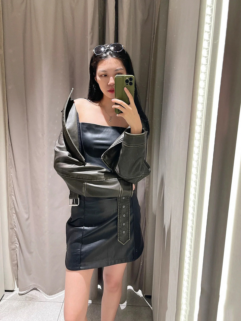 Jachetă de piele lavado cu cinturón pentru femeie, abrigo scurt cu cremallera degradată și cuello vuelto Vintage, jachetă elegantă