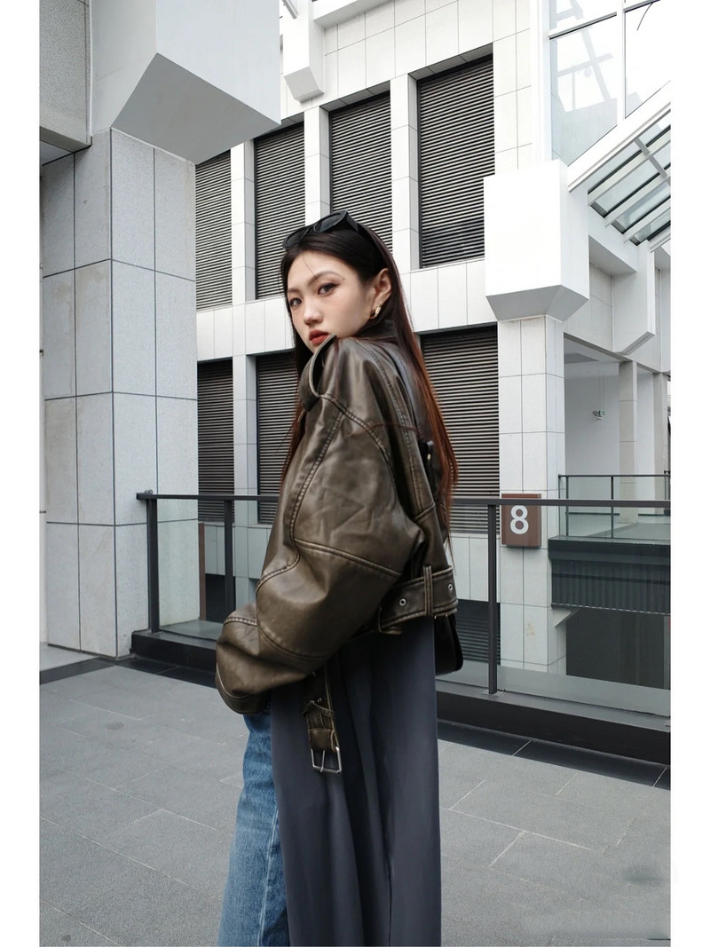 Jachetă de piele lavado cu cinturón pentru femeie, abrigo scurt cu cremallera degradată și cuello vuelto Vintage, jachetă elegantă