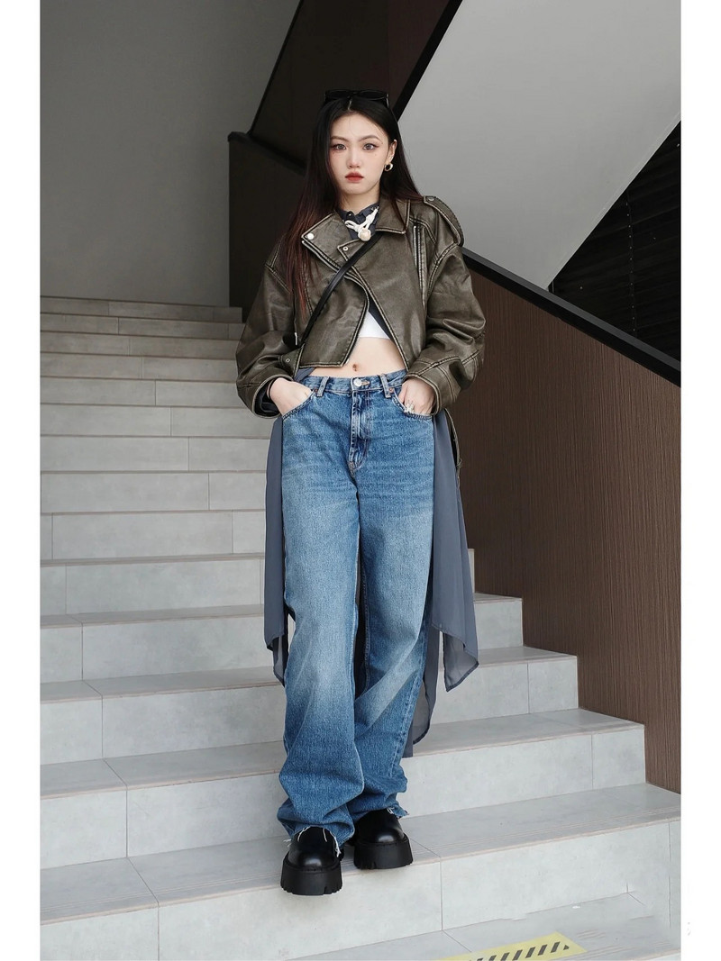 Jachetă de piele lavado cu cinturón pentru femeie, abrigo scurt cu cremallera degradată și cuello vuelto Vintage, jachetă elegantă