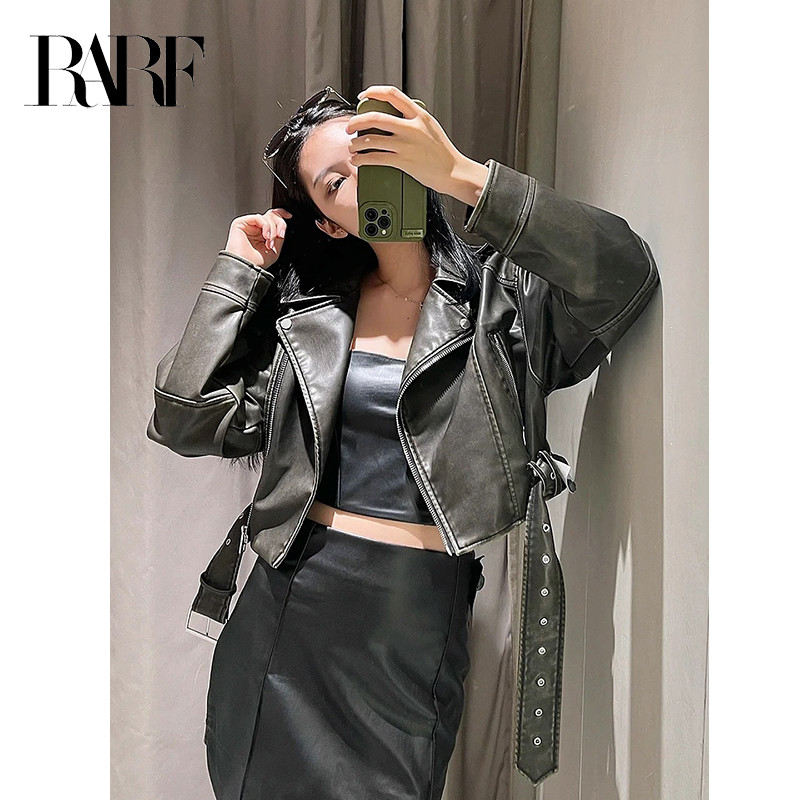 Jachetă de piele lavado cu cinturón pentru femeie, abrigo scurt cu cremallera degradată și cuello vuelto Vintage, jachetă elegantă