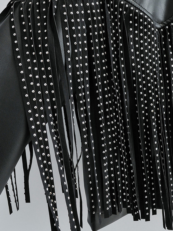 Есен Зима Къси якета от изкуствена кожа с пискюл и нит Дамски свободни мото велосипеди Меко палто от PU кожа Едноредно горно облекло