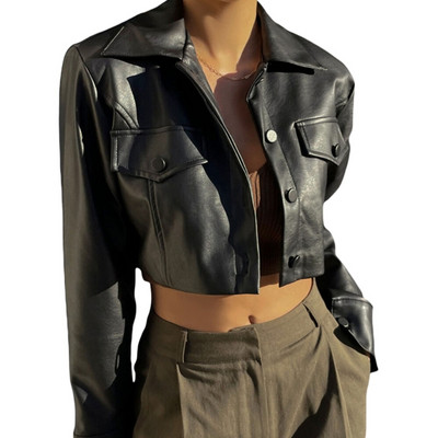 Jachete din piele neagră pentru femei PU cu nasturi în jos haine vintage Streetwear