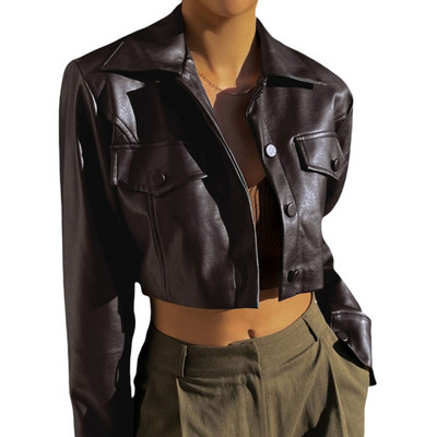 Jachete din piele neagră pentru femei PU cu nasturi în jos haine vintage Streetwear