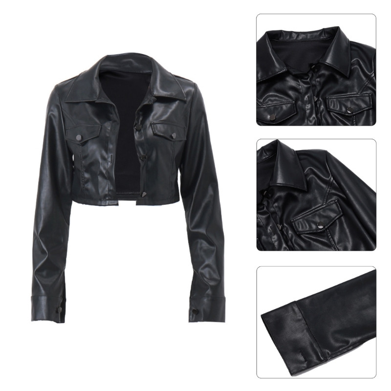 Jachete din piele neagră pentru femei PU cu nasturi în jos haine vintage Streetwear