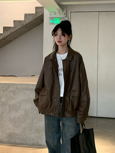 JY Vintage sieviešu pu jaka Sieviešu High Street Techwear Lielizmēra mākslīgās ādas motociklistu mēteļi Bf punk ikdienas apgriezti virsdrēbes