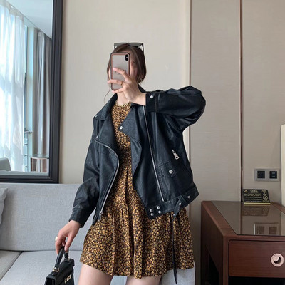 Femei, primăvară, toamnă, haine de stradă, jachetă din piele artificială PU, mânecă liliac, cu curea, maro, guler răsturnat, îmbrăcăminte de îmbrăcăminte